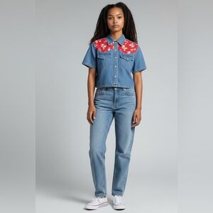 Vintage Western Denim Patchwork Button Down Cropped Shirt Small